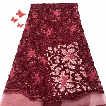 

Latest African Laces 2019 Red Sequins Embroidery French Lace Fabric 3d African Lace Material For Nigerian Party Dresses