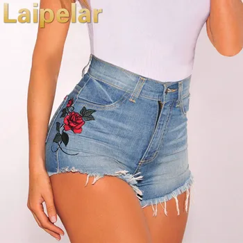 

Vintage floral embroidered shorts Women rose flower embroidery shorts Elastic high waisted denim jeans Blue black short female