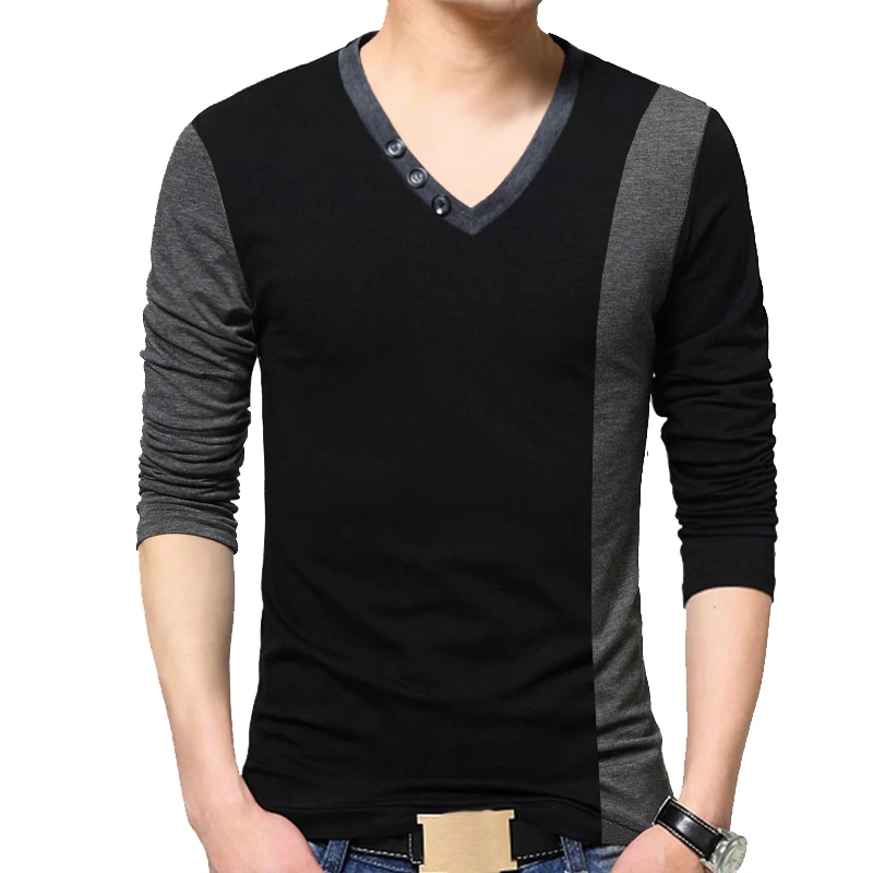 

TFETTERS Brand Casual Men's T-shirts Long Sleeve Patchwork Cotton Slim Fit V Neck T Shirts for Men Oversized T Shirt 2019 M-5XL