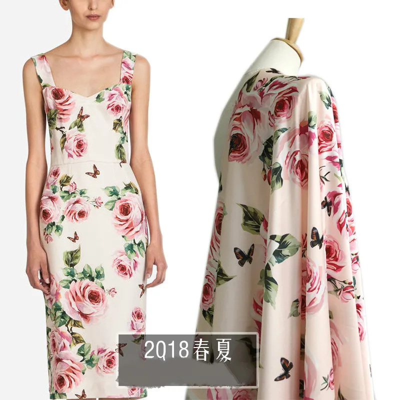 

European brands with the same pattern spring and summer stretch satin pink rose pattern digital printing fashion fabric