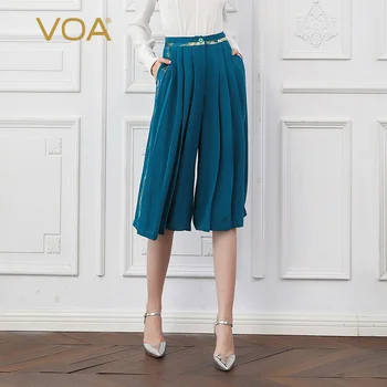 

VOA Women Silk Palazzo Pants Casual Cropped Trousers Summer Large Size Cyan Loose Culottes Boot Cut Pants Streetwear mujer K758