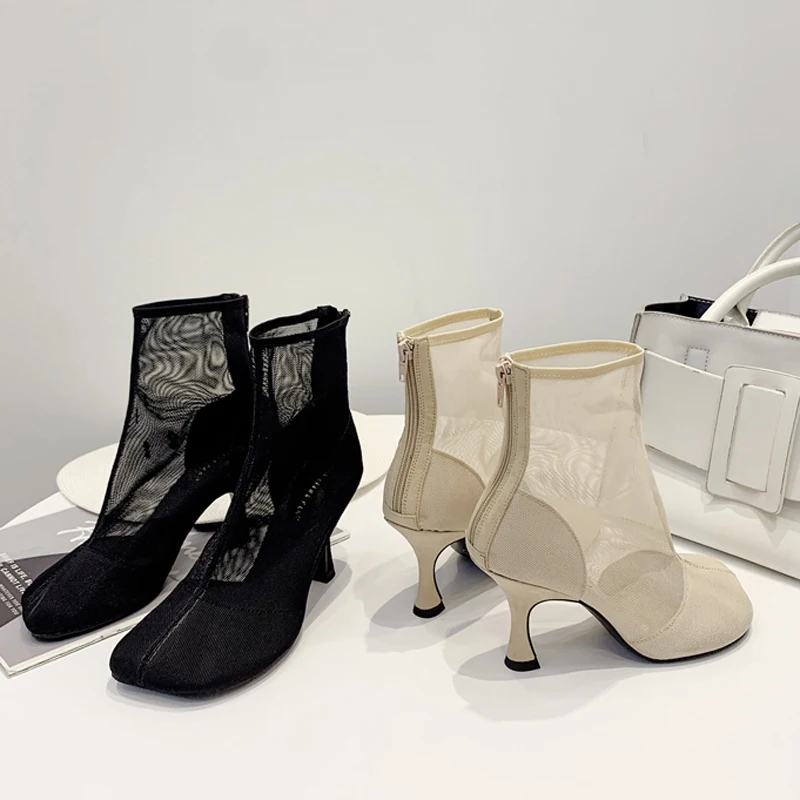 

Boussac Air Mesh Sexy Ankle Boots for Women Vintage Square Toe High Heel Boots Women Kitten Heel Designer Shoes Women SWE0609