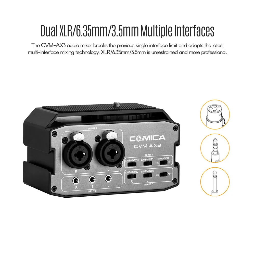 CoMica CVM-AX3 XLR 6,35 мм/3,5 мм микрофоны аудио адаптер смесителя предусилитель для Canon/Nikon/sony DSLR камера микрофон Аксессуары