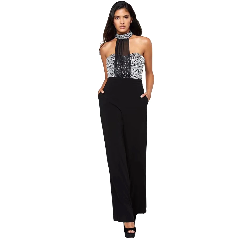 

2019 new Women Elegant black Beading Halter sleeveless jumpsuits Sexy Rompers Celebrity evening party Bodycon jumpsuits