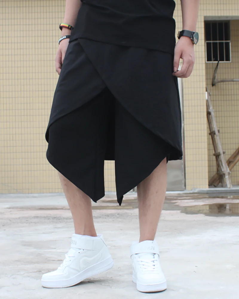 Длинные летние мужские шорты в стиле панк, черные шаровары в стиле хип-хоп, мешковатые шорты с разрезом, Мужская Уличная одежда, укороченные мужские шорты 6D62