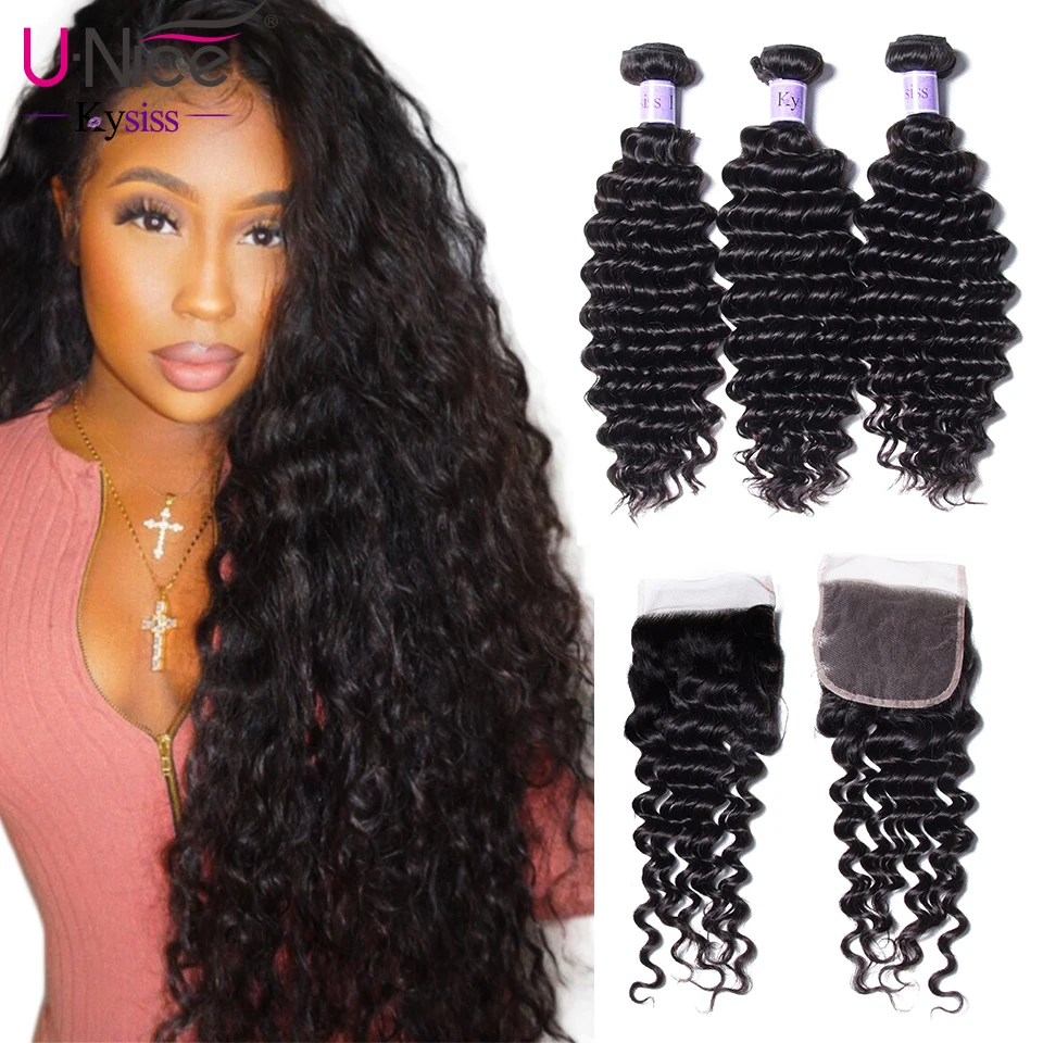 

UNice Hair Kysiss Series Deep Wave Bundles With Closure 4*4 Free Part 12-26 " Virgin Hair Extensions Brazilian Human Hair