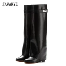JAWAKYE/Сапоги до колена с металлическим замком в виде акулы; женские дизайнерские кожаные сапоги на танкетке с острым носком; женская обувь на высоком каблуке, увеличивающая рост