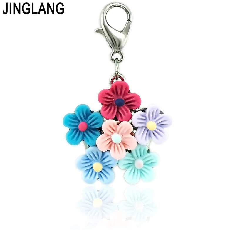 JINGLANG Brand New Charms With Lobster Clasp Dangle Six Resin Flower Pendants DIY Charms For