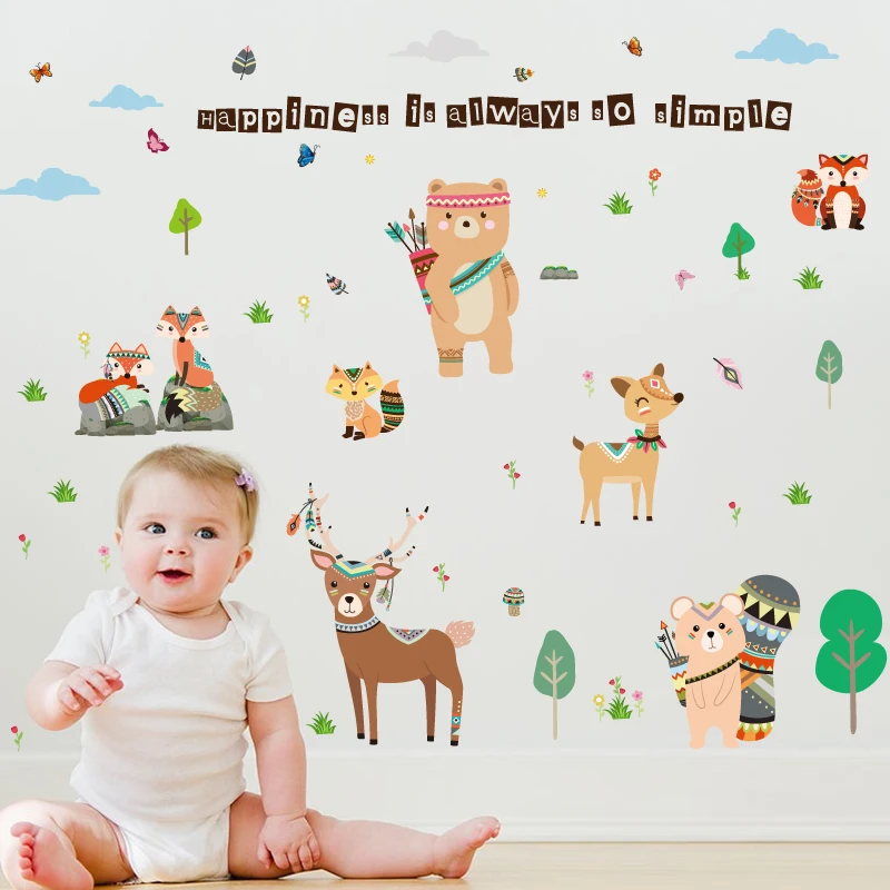 157*110 см мультфильм дружественных животных стикер s для детской комнаты Медведь Олень Лисий лес домашние украшения с животными для детей счастливый стикер