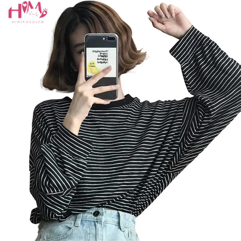 Женские корейские винтажные футболки Харадзюку, Весенняя Повседневная полосатая футболка большого размера для девочек, женская одежда с длинными рукавами, черные топы Kpop