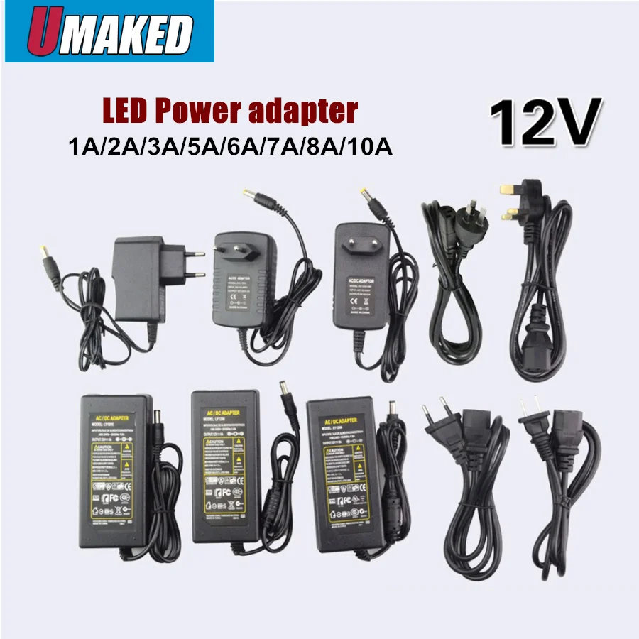 

12V 1A 2A 3A 5A 6A 7A 8A 10A LED Power Supply AC110-240V UK/US/EU/AU Adapter Plug For 2811 5050 3528 LED Strip Light