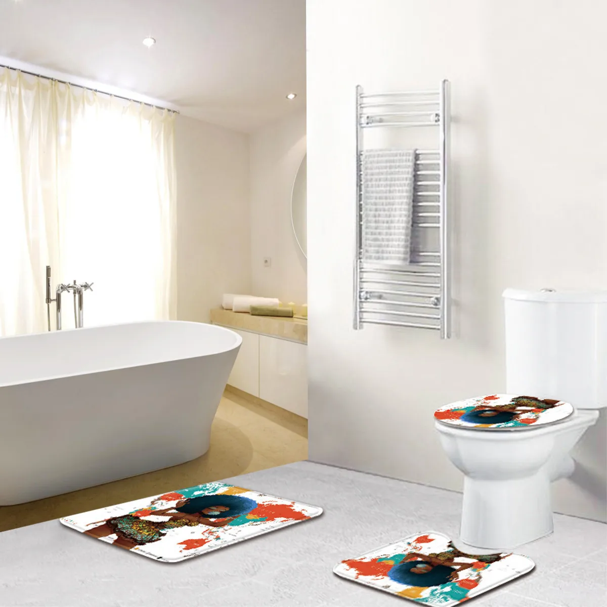 АФРИКАНСКАЯ ДЕВУШКА занавеска для душа Коврик для ванны и туалета, набор, рисунок персонажа, Противоскользящий коврик фланелевый коврик для ванной - Color: 3Pcs