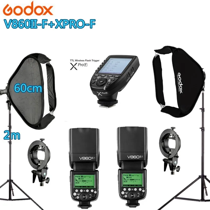 

Photo Studio Kit Photography Lighting 2PC GODOX V860IIF + Xpro-F + 2PCS* 60*60CM Softbox +2PCS 2m Light Stand Photo Soft Box