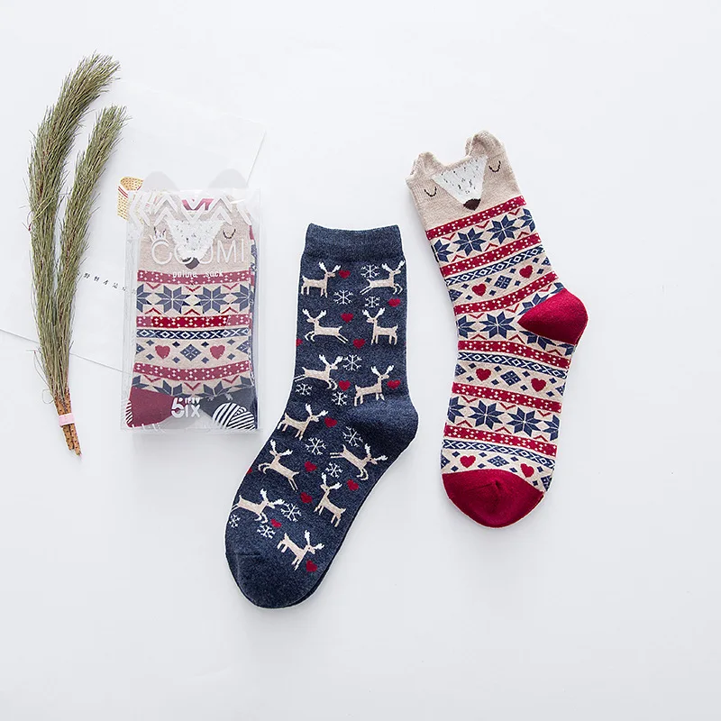 2pcs Christmas Cartoon Animals Cotton Women Spring Autumn Painting Kawaii Crew girl Short Socks Cute Harajuku Street Tide Casual