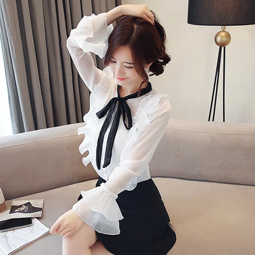 

Spring Chiffon Women White Shirt 2019 New Style Summer Stand Collar Bow Work Wear Female Fashion Slim Temperament Bottom Blouses