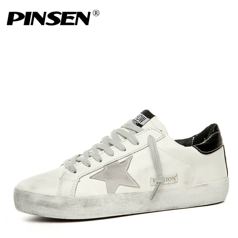 

PINSEN Brand Shoes Men Sneakers Casual Leather Do Old Dirty Shoes man Flat Sequins Star Golden Glitter Trainers man male 35-45