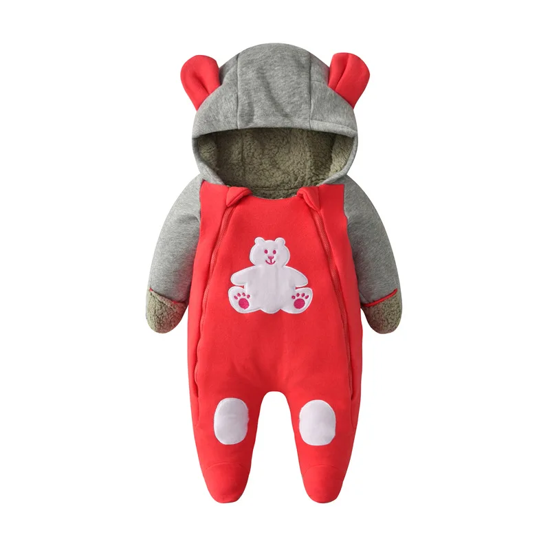Зимняя утепленная Вельветовая Одежда для новорожденных, теплая одежда с капюшоном и вышитым медведем для младенцев, комбинезон, детская одежда
