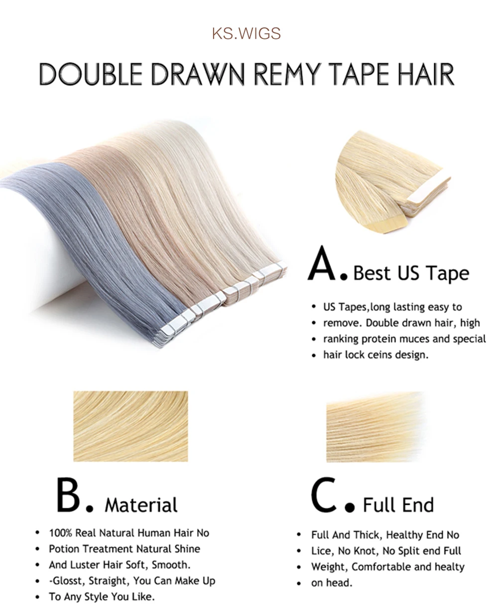 K.S парики прямые сложенные пополам волосы лента в Реми человеческие волосы уток человеческих волос для наращивания 16 ''20'' 24''