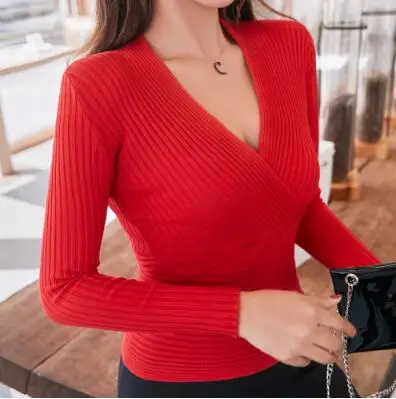 Новинка, сексуальный свитер с глубоким v-образным вырезом, Женский пуловер, повседневный облегающий джемпер, женский эластичный хлопковый топ с длинным рукавом - Цвет: Красный