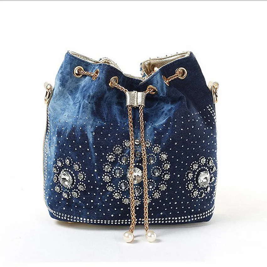 Women Denim Bag With Rhinestones Handbag With Chain Handle Summer Beach Small Shoulder Bag