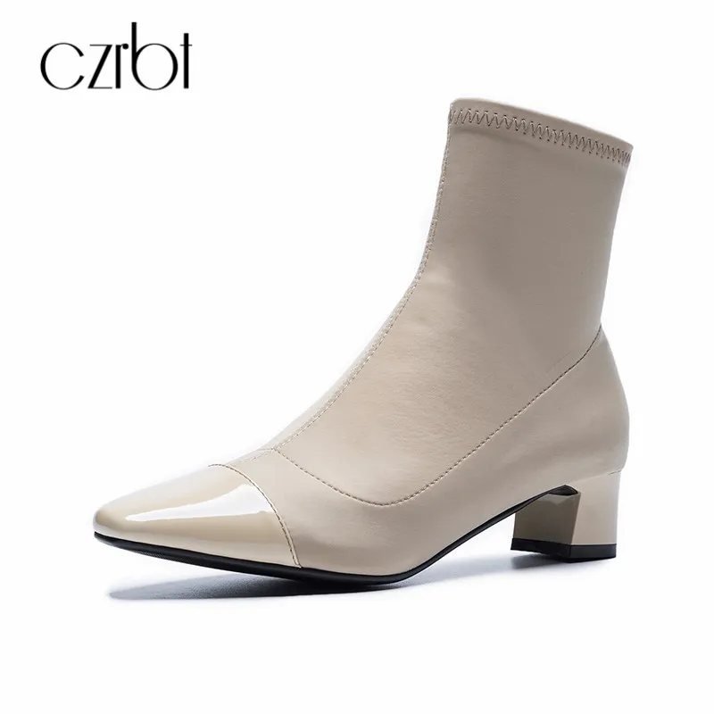 

CZRBT Stretch Boots Women Classic Patent Leather Ankle Boots Rome Style Square Toe Slip On High Heel Boots Autumn Women Shoes