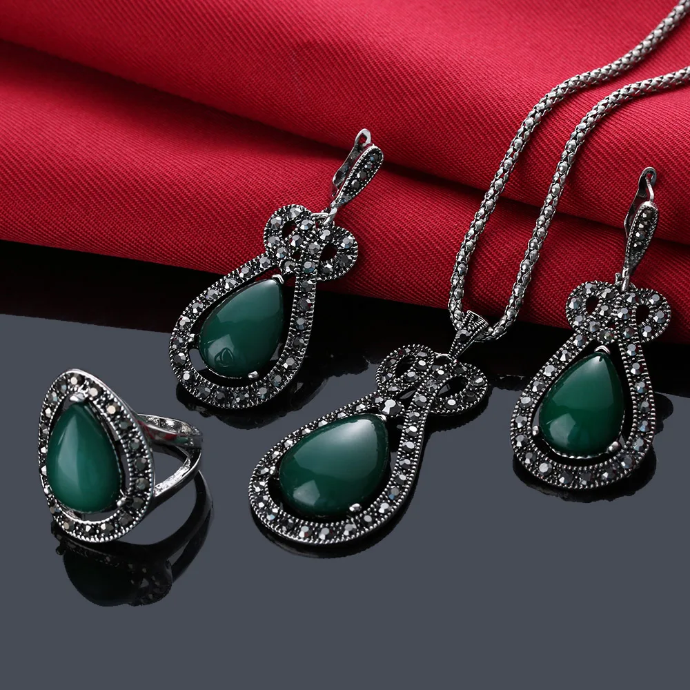 

1Set Retro Jewelry Set Green Blue Black Color Rhinestone Bridal Necklace Vintage Drop Earrings For Women Bohemian Rings