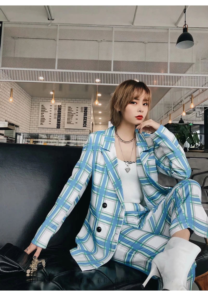 Set female spring and autumn new loose small suit jacket high waist pants two-piece temperament fashion plaid women's clothes