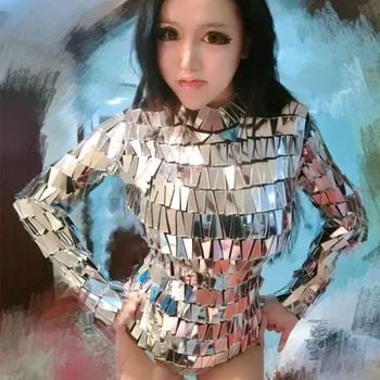 

Sexy Female Mirror Singer Dj Ds Dance Stage Costume Sequins Silver Bodysuit Women High-necked Nightclub Show Jumpsuits