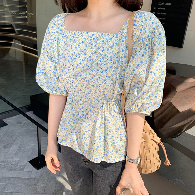 

Sweet Fresh Floral Print Blouse Square Neck Slim Waist Puff Sleeve Top Women Shirt Chemise Femme Chemisier Blusa Mujer Camisa