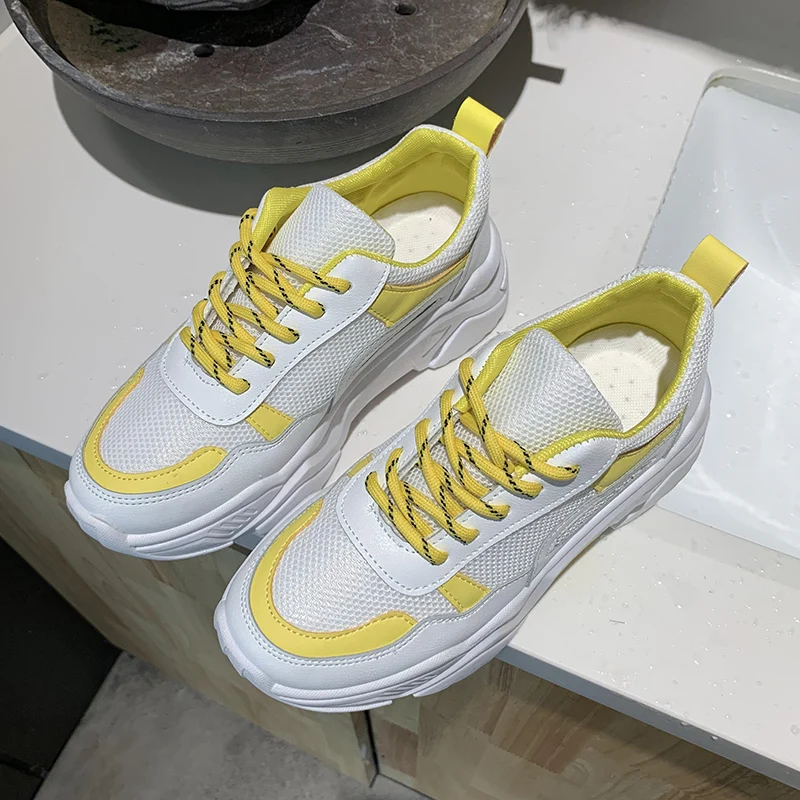 Women Vulcanized Shoes New White yellow Fashion Wedges Sneakers Shoes Women Ladies Trainers Cross Tie Tenis Feminino k217