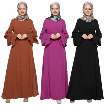 

Solid Color Muslim Ramadan Loose Long Robe Gowns Casual Women Plain Long Flare Sleeve Round Neck Maxi Dress