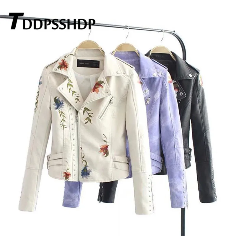 

Women Floral Print Embroidery Faux Soft Leather Jacket Coat Turn-down Collar Casual Pu Motorcycle Black Punk Outerwear