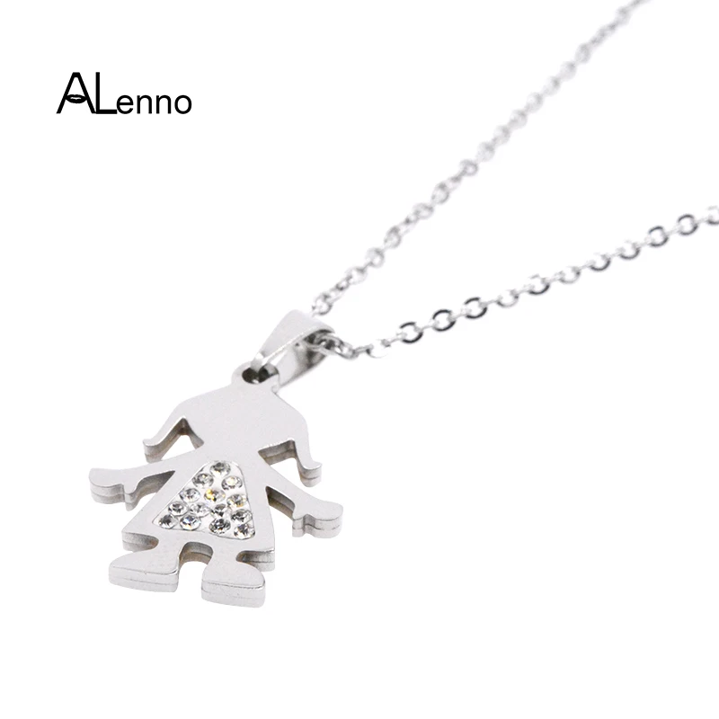 ALenno Statinless Steel Smooth Surface Girl Style Rhinestone Pendant