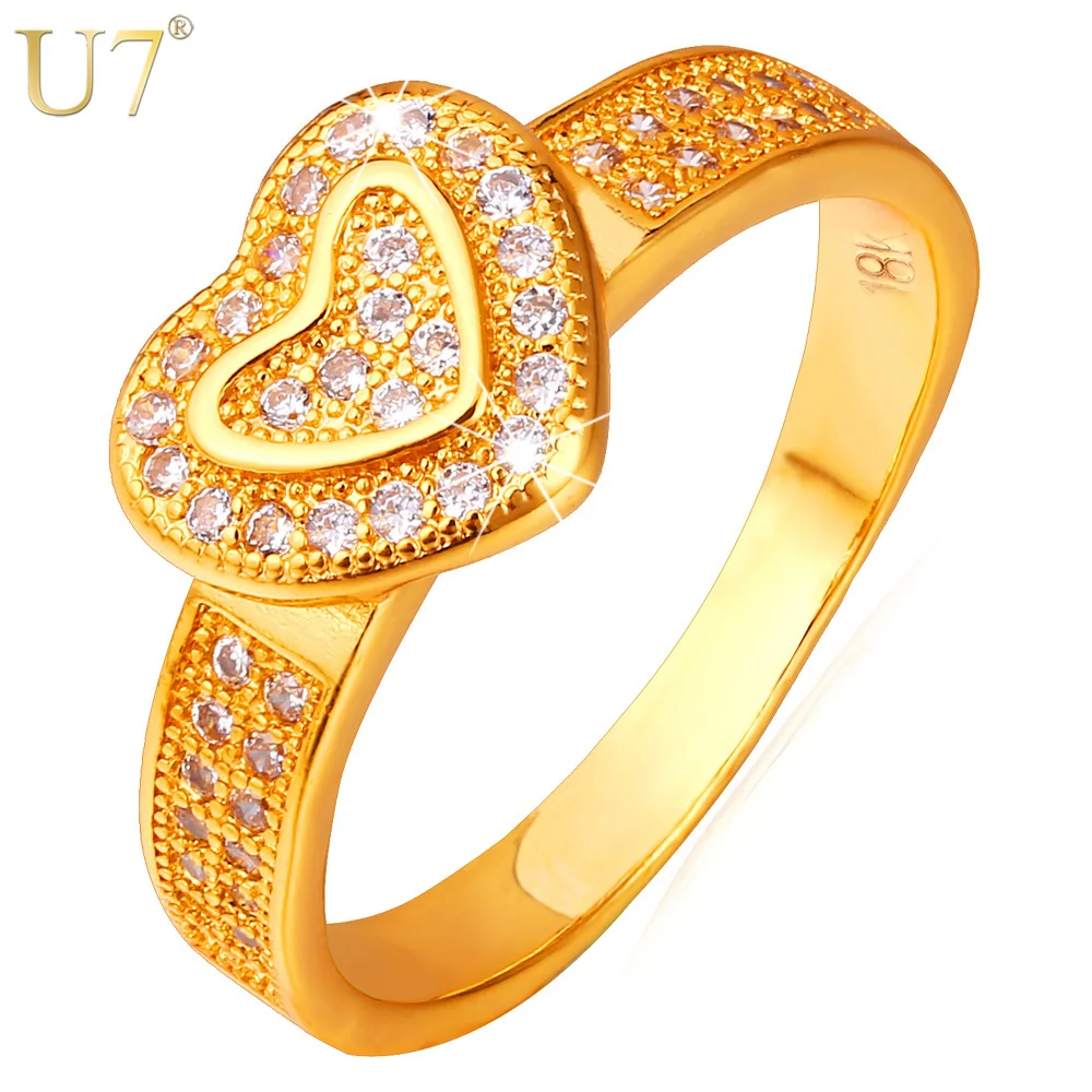 

U7 Luxury Heart Engagement Rings For Women Jewelry Classic Gold Color Cubic Zirconia Wedding Bands Rings For Love R391