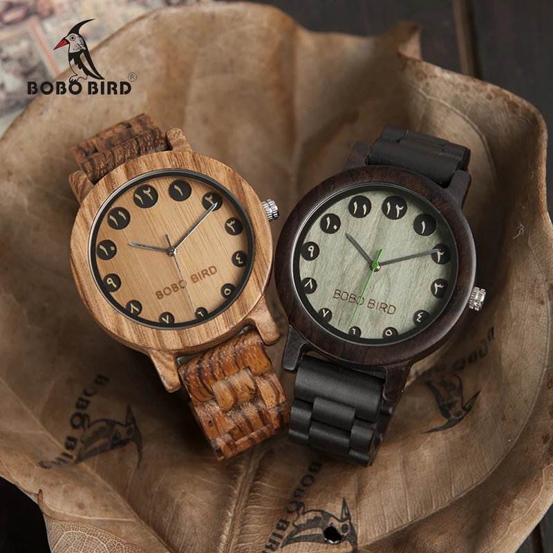 BOBO BIRD WN24N25 Wood Watch Zabra Ebony Wooden Watches for Men Eastern Arabic Numerals Dial Watch with Tool for Adjusting Size