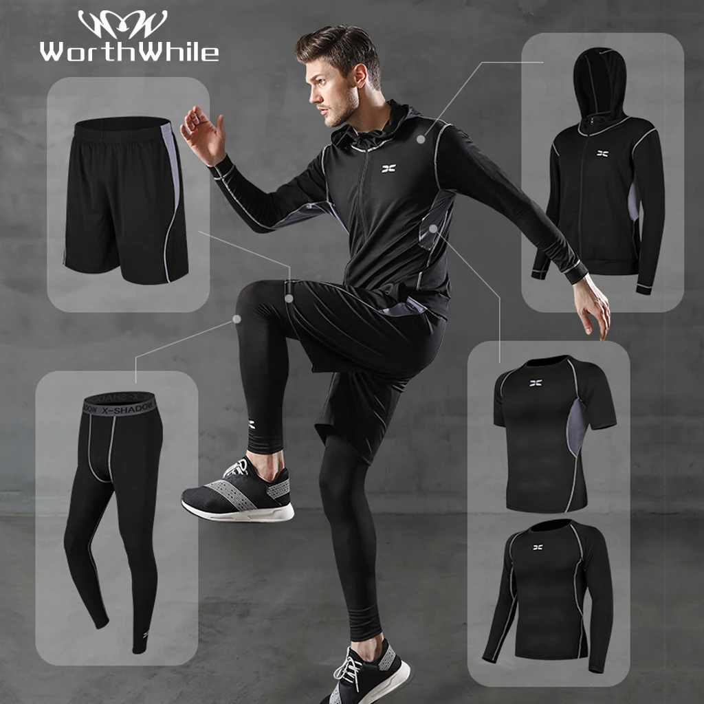 Ceny Worthing 5 sztuk zestaw męska dres kompresji odzież sportowa dla mężczyzn siłownia odzież fitness bieganie garnitury ćwiczenia treningowe
