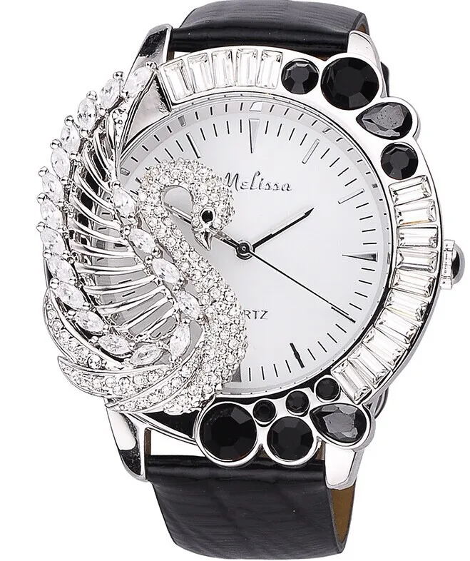 Роскошные Красочные Стразы Swan часы кварцевые Vogue для девочек преувеличенные 3D Anamal часы из натуральной кожи Relogio Feminino F11402