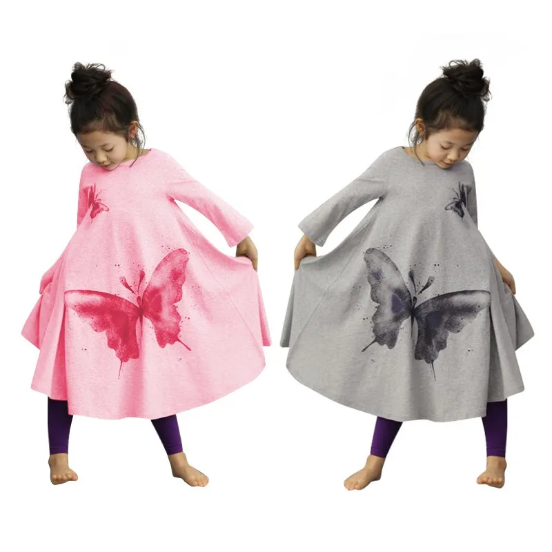 

2017 1pcs New Girls Dress Spring Autumn Children's clothing cute butterfly long sleeve 2 colors cotton dresses Hot sale