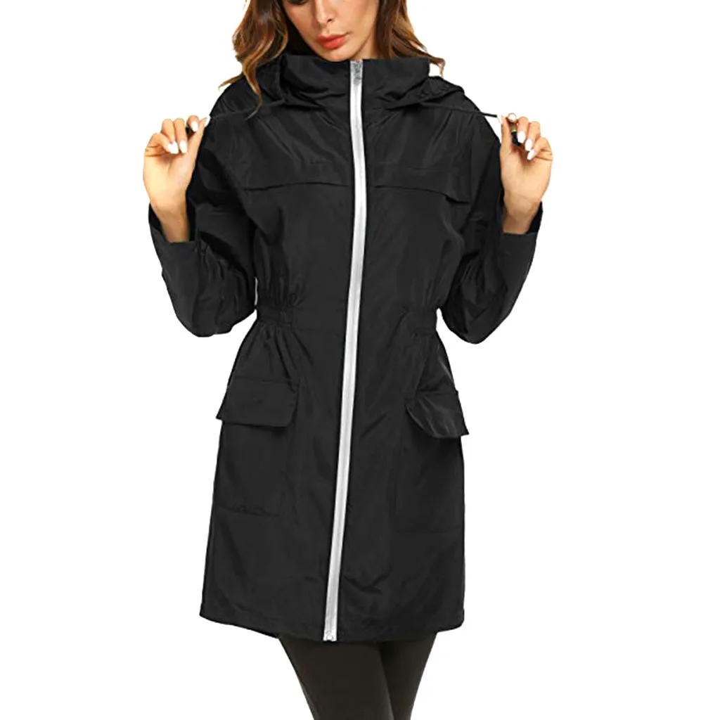 

Womens Long Waterproof Hooded Jacket Streetwear Women's Solid Rain Jacket Outdoor Jackets Raincoat Windproof куртка женская