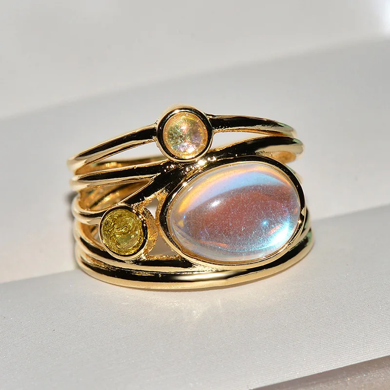 

New Arrival Multi-layer Yellow Gold Color Women Moonlight Stone Rings Fashion Band Jewelry anel feminino Drop Shipping
