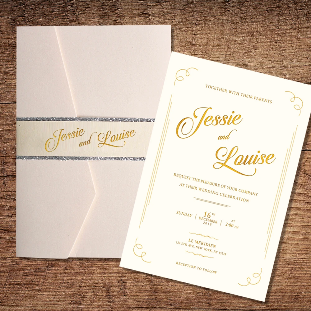  Ivory White Pocket Wedding Invitation Customized Invitation Cards with Silver Liner - Set of 50 pcs - 32876116854