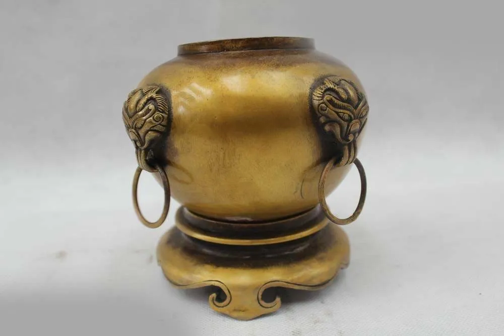 

5"Chinese Marked Folk Pure Bronze Lucky Lion Burner incense burner Pot Statue