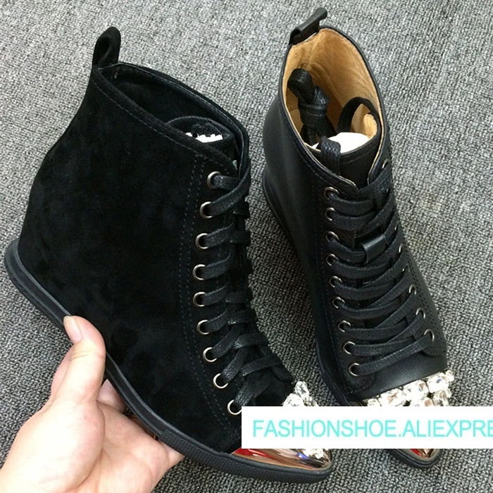 

New High Top Shoes Woman Casual Leather Wedge Lace Up Flats Design Pointed Toe Crystal Cozy Flats Height Increasing Flats Tide