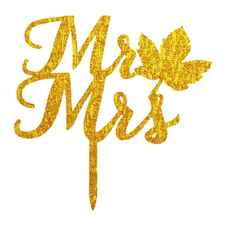 Mr & Mrs Maple Leaf Wedding Cake Flags Multi Colors Acrylic Cake Topper Single Stick For Wedding Anniversary Party Supplies