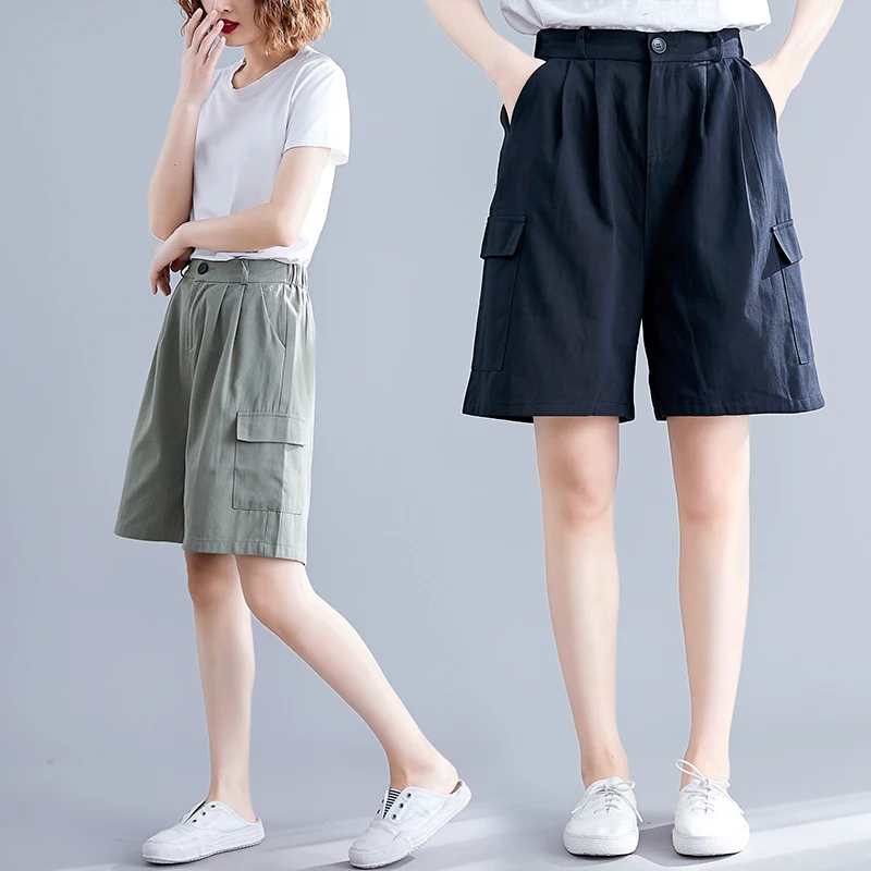 Летние Шорты-карго Boyfriend, женские свободные шорты с эластичной резинкой на талии размера плюс, винтажные хлопковые длинные шорты, широкие шорты для женщин