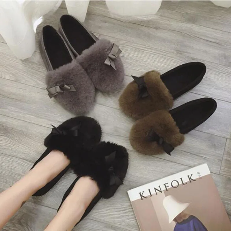 

Fashion Women Winter Keep Warm Plush Doug Shoes Loafers,Round Toe Butterfly-knot Design Fur Slip-on Lazy Shoes Flats Add Wool
