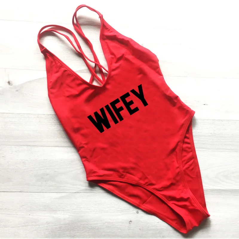 

WIFEY New Letter Swimwear Women One Piece Sexy Swimsuit High Cut Beach Wear Bodysuit Back Cross Bathing Suit biquinis Black Blue