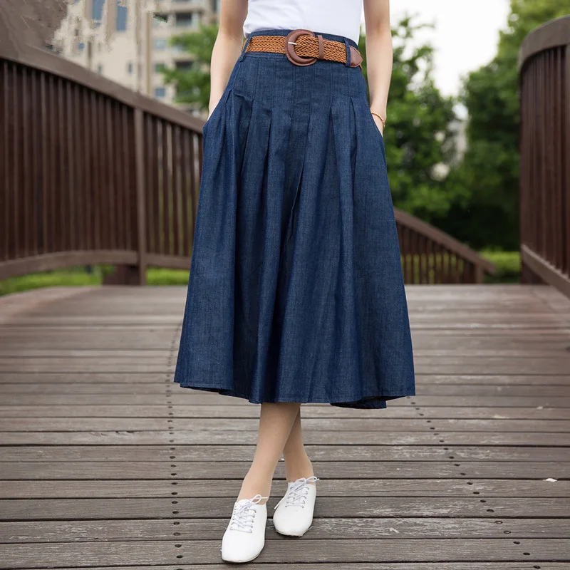 

2019 Summer Woman Plus Size High Waist Solid Denim Skirt Korean Style Vintage Slim Fit Long Pleated Skirt Casual A Line Skirt