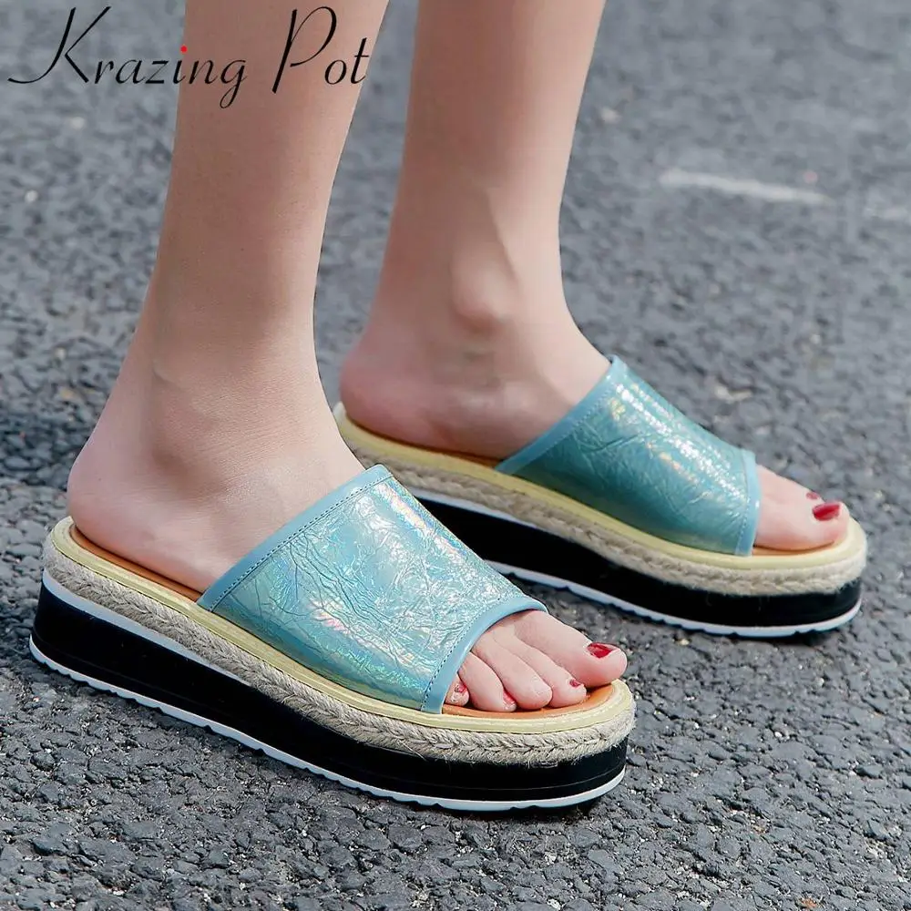 

Krazing Pot 2019 sheep leather handmade straw deocration high quality bowtie flat platform peep toe med bottom slip on shoes L22