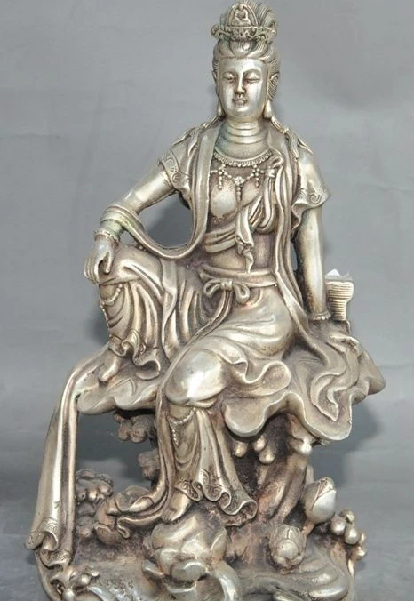 

10" chinese buddhism silver Freedom seat Kwan-Yin GuanYin goddess buddha statue